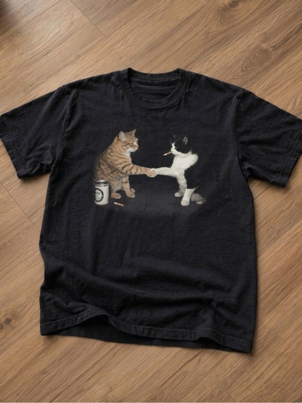 Black Cat Graphic Tee with Cats Shaking Paws - Pet Lover T-Shirt